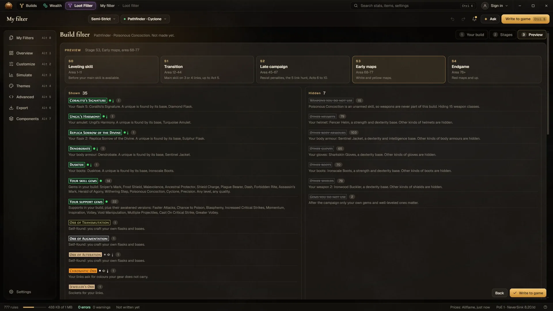 The build filter preview at the early-maps stage, listing 35 shown rules with the reason for each and 7 hidden rules.
