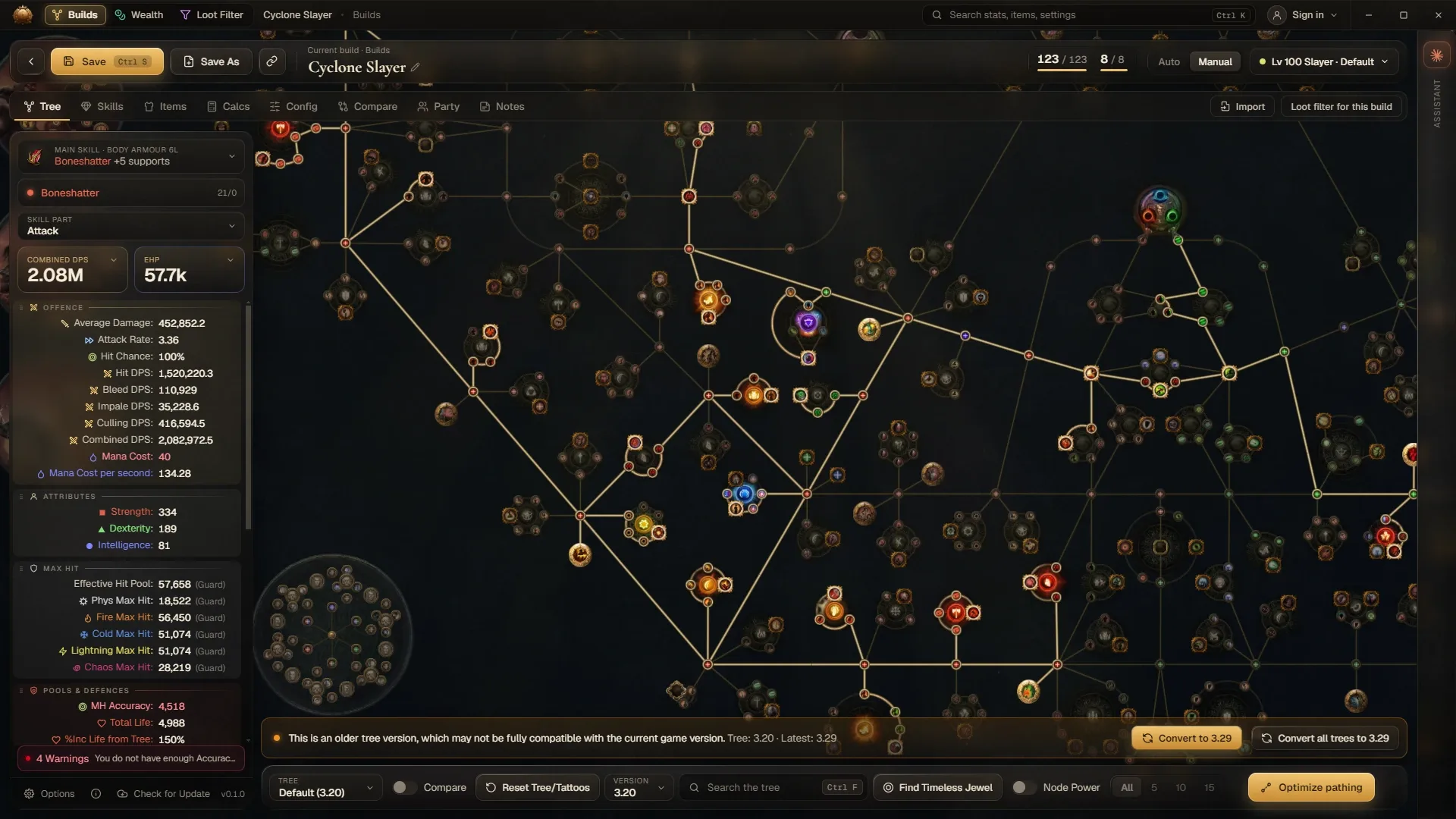 A Cyclone Slayer build on the passive tree, with offence, attributes, max hit and pools in the sidebar and the Optimize pathing button at the bottom right.