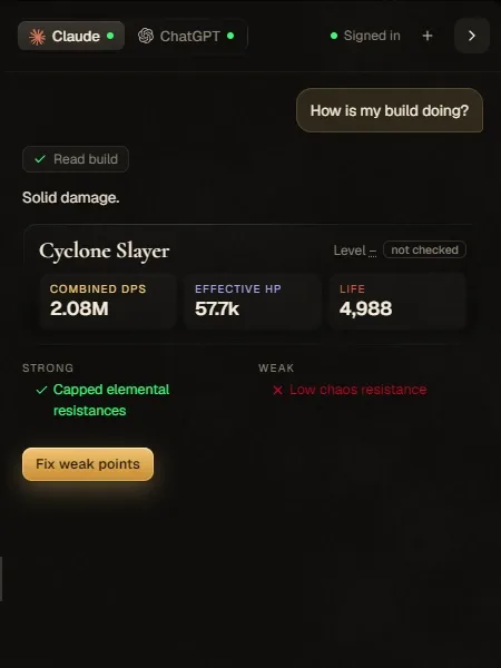 The assistant panel answering 'How is my build doing?' with a card for Cyclone Slayer: 2.08M combined DPS, 57.7k effective HP, 4,988 life, capped elemental resistances as a strength and low chaos resistance as a weakness, and a Fix weak points button.
